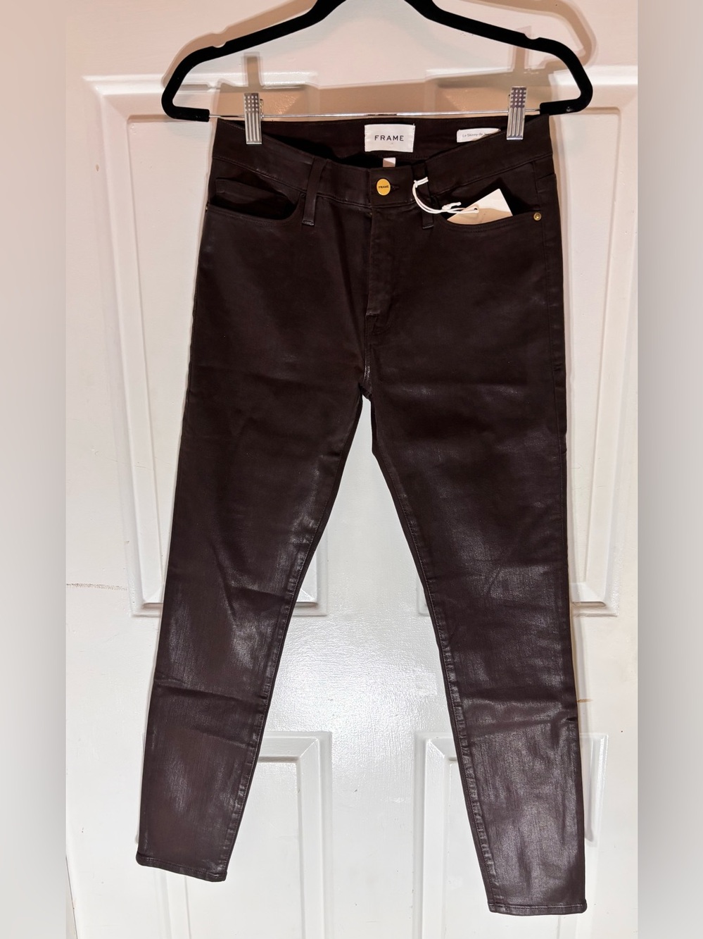 Frame Denim Coated Skinny Jeans in Dark Brown Size 30